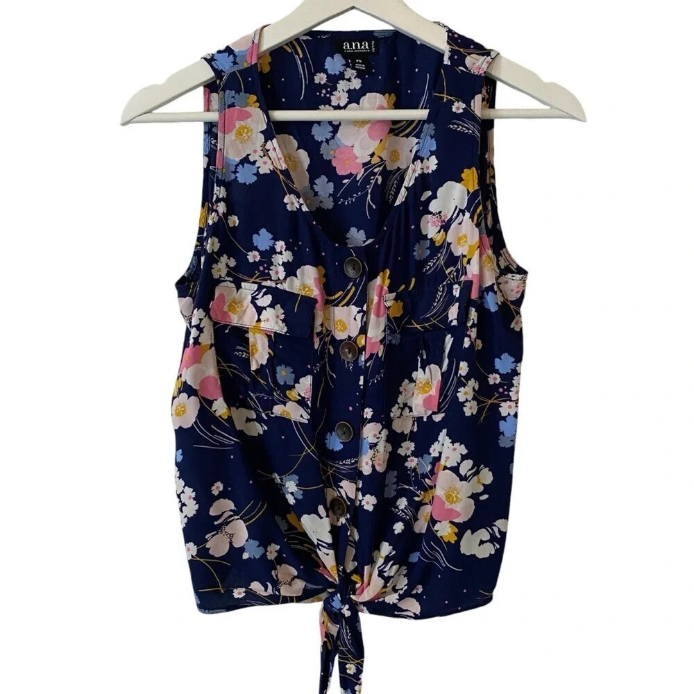 Boho Feminine Farmer Sleeveless Blouse with Navy Floral Print Ana Petite PS
